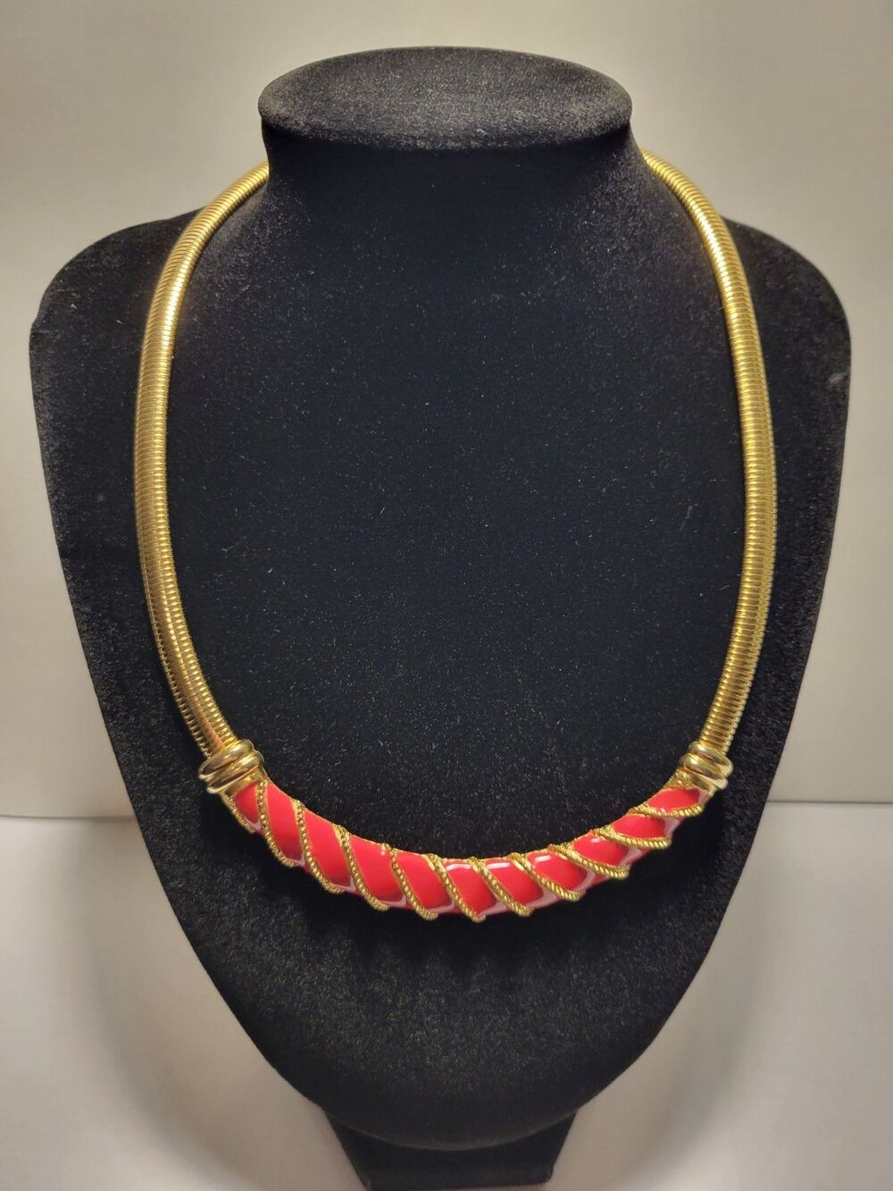 Vintage Style Gold Tone Statement Necklace with Vibrant Red Beaded Accent Choker